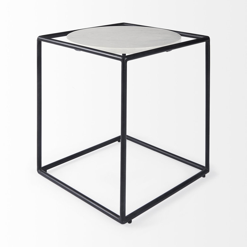 Black Metal Cube Base End Table with White Marble Top
