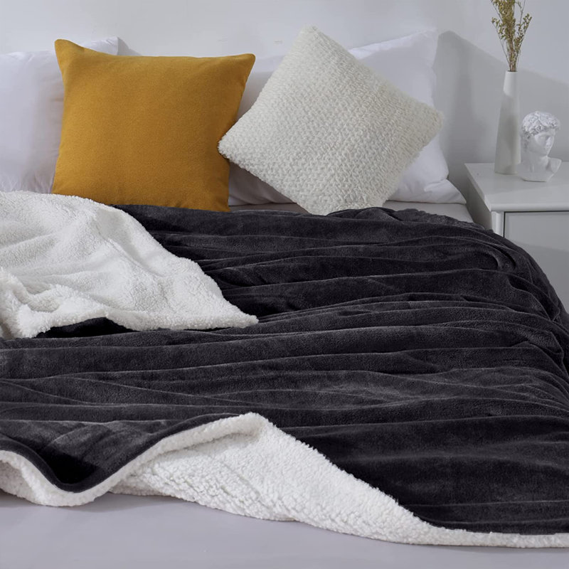 Sherpa Fleece Fur Thick Reversible Blanket Throw, Grey, 240cm x 200cm