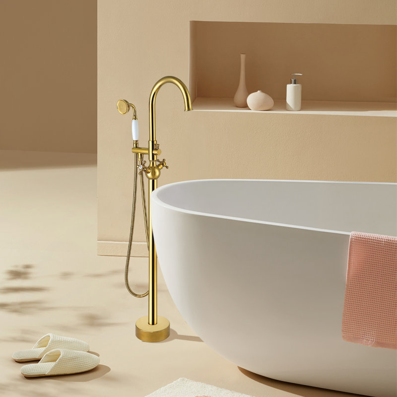 Robinet de baignoire à fixation au sol à triple poignée avec douchette, Or titane