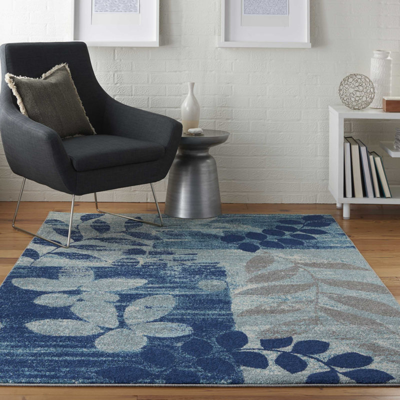 Tapis bleu à motif floral Leeming, Rectangle 6 pi x 9 pi