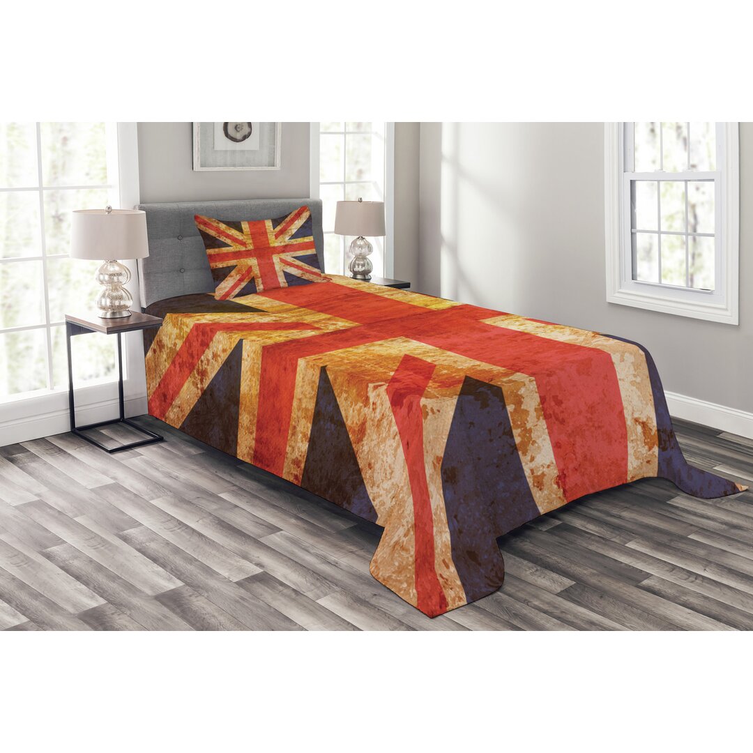 Gestepptes Bettdecken-Set, Union Jack Motiv Grunge, England, Nachtblau Zinnoberrot