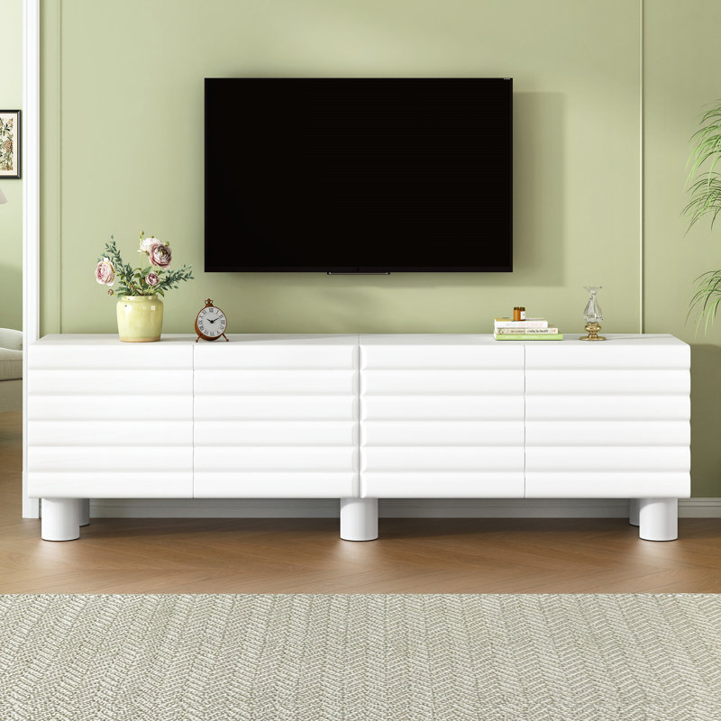 75" Tv Cabinet With Stylish Wavy Doors, 4 Storage Cabinets, Adjustable Shelves, And Cable Holes – White Media Console, White