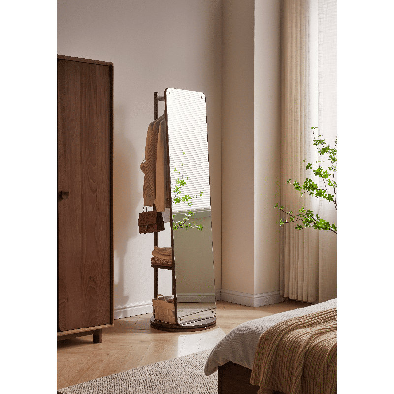 360° Swivel Full Length Mirror With Solid Rubber Wood Base And Storage Hooks