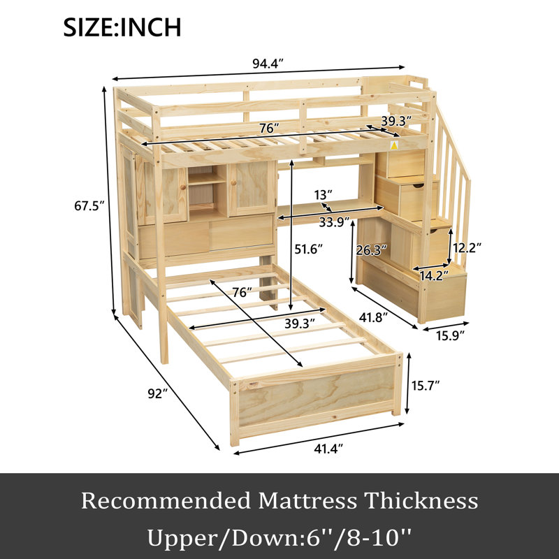 Lit simple mezzanine sur lit simple, Naturel