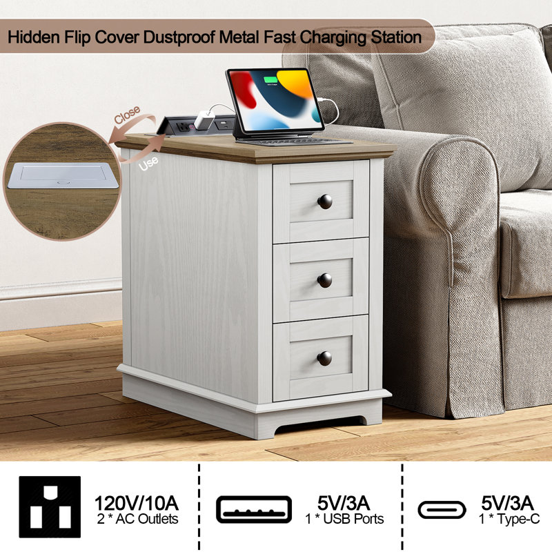 3 Drawers Sets End Tables with Storage and Fast Charging Station, White, Brown