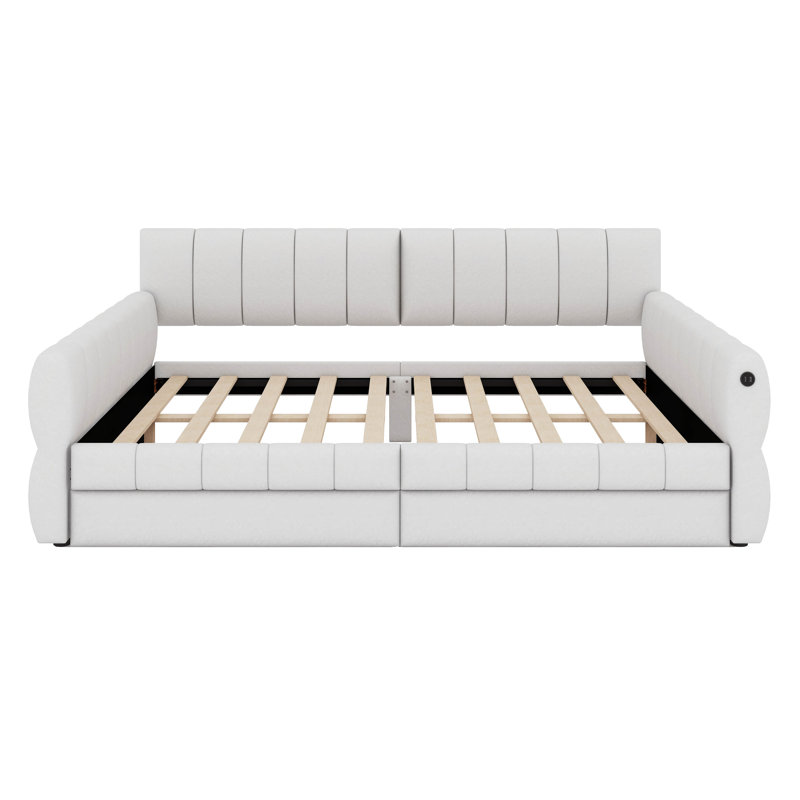 Grand lit de jour avec port USB et 2 tiroirs, Blanc