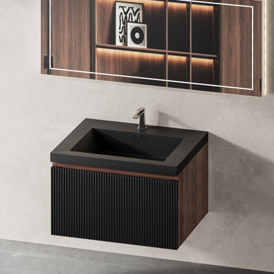 24-72" Floating Bathroom Vanity Modern Wall-Mounted Striped Single/Double Bathroom Storage Cabinet with 2 Soft-Close Drawer, Integrated Stone Basin