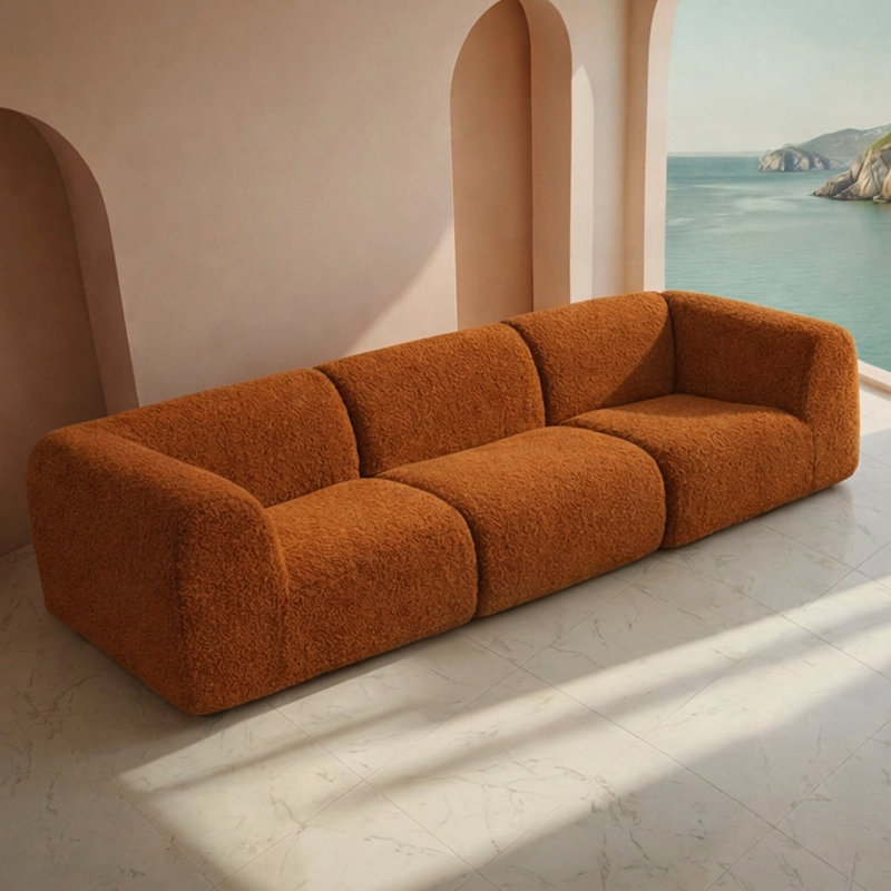 110.24" Curved 3-Seat Boneless Sectional Sofa, Modern Deep Seat Sherpa Boucle Couch, Compression, No Assembly, Teddy - Brown
