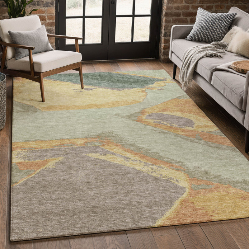 Tapis abstrait lavable à la machine intérieur / extérieur ACN2571, Céleri, 8 pi x 10 pi