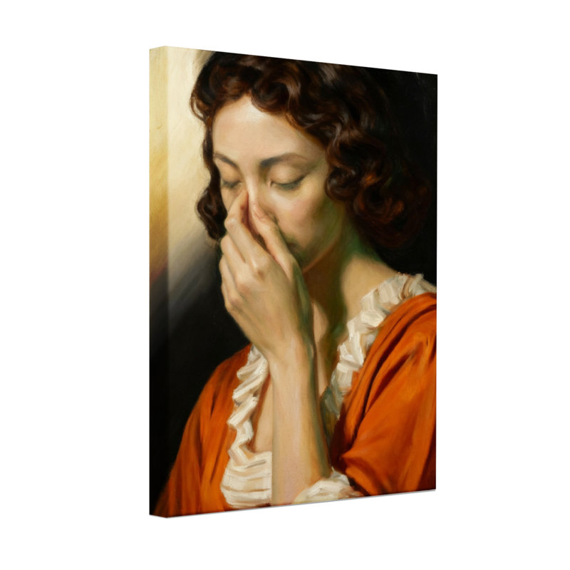 Femme abstraite en robe orange priant avec les mains, H 36 po x l 24 po