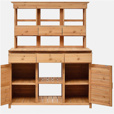  Table de jardin de jardin haute avec huche de 65,7 po TopMAX avec huche, poste de travail de rangement pour patio avec 3 tablettes, 6 tiroirs, 2 armoires inférieures et crochets latéraux pour vestibule, porte, naturel