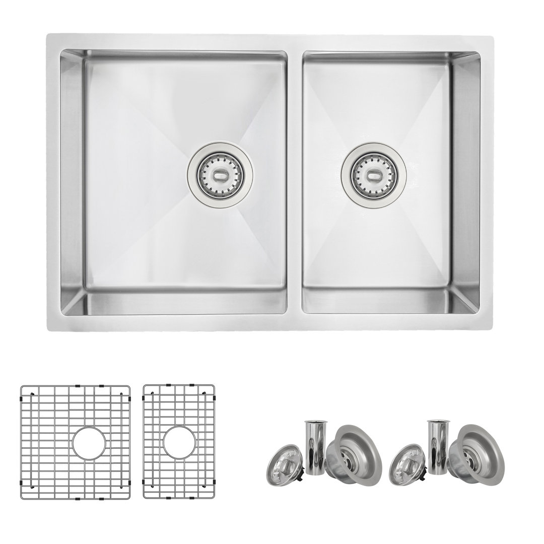 Builder STYLISH 28 inch Double Bowl 60/40 Reversible Undermount Steel Kitchen Sink with Grids and Strainers STYLISH