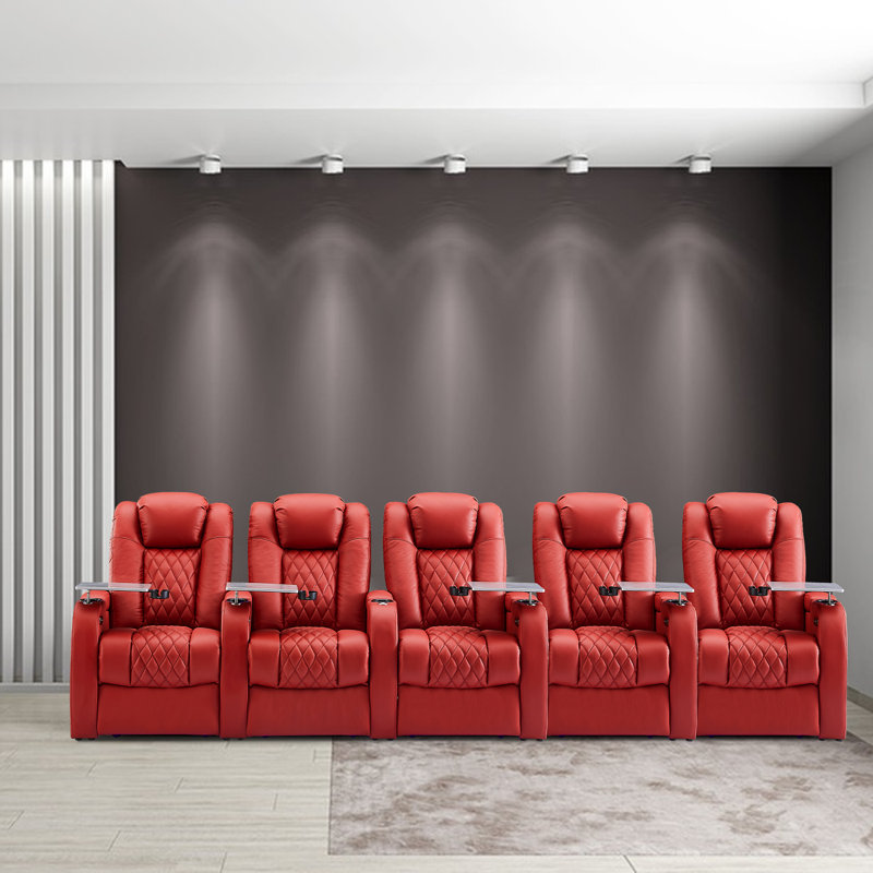Siège de cinéma en cuir gris avec porte-gobelet, Cuir véritable rouge