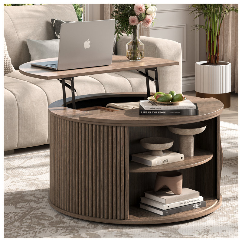 31.5" Round Lift-Top Coffee Table with Hidden Storage Compartment, Walnut Coffee Table for Living Room, Walnut