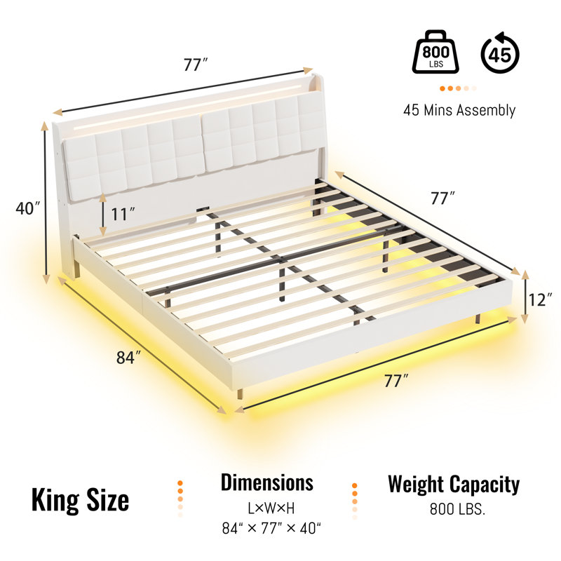 Floating Bed Frame with Storage Headboard, LED Bed Frame with Charging Station, King, Beige