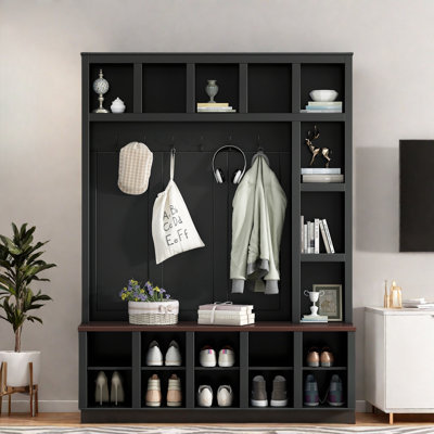 Wooden Style Hall Tree With 6 Hooks, Practical Walnut Storage Bench With Adjustable Shelves,  4-In-1 Entryway Shoe Cabinet With 13 Cubbies