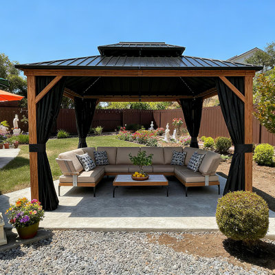 PURPLE LEAF  10' X 12' Hardtop Gazebo Outdoor Wood Grain Aluminum Frame Galvanized Steel Double Roof Gazebos with Netting and Curtains