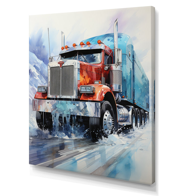 «Red Semi Truck In Winter II», reproduction sur toile encadrée, H 32 po x l 24 po x P 1 po, Toile tendue