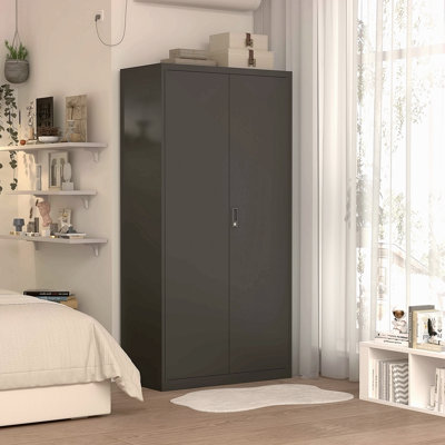 Metal Large-Capacity Wardrobe With Hanging Rod And Compartments, Lockable Closet With Locks & Keys, Steel Construction, Waterproof & Fireproof, Suitable For Bedroom, Living Room And Laundry Room