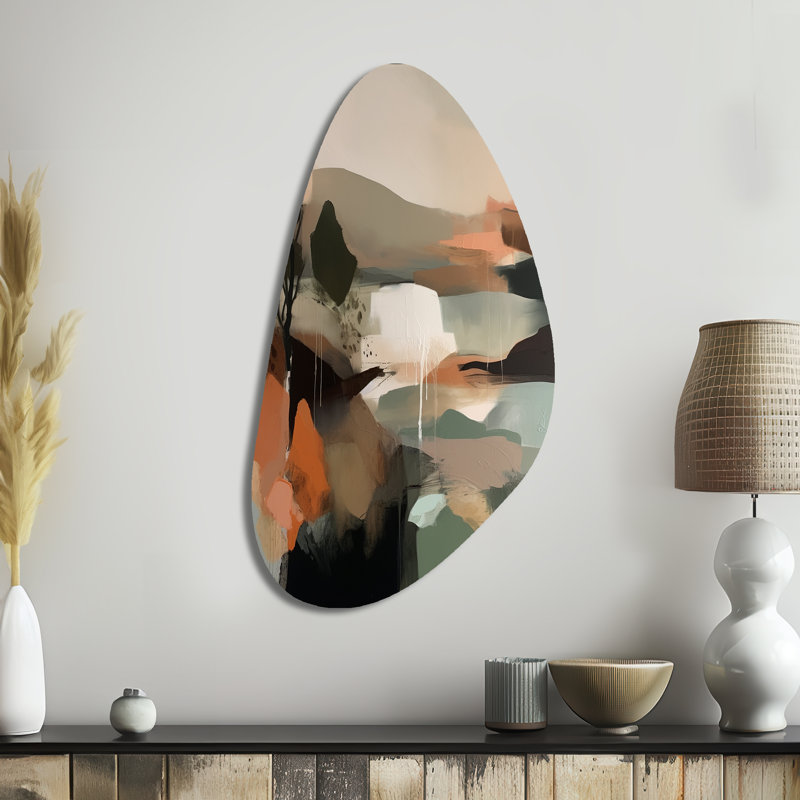 Green And Beige Transcending Reality I - Abstract Painting Unique Shape Metal Wall Art for Living Room, Green Asymmetrical Metal Art Print