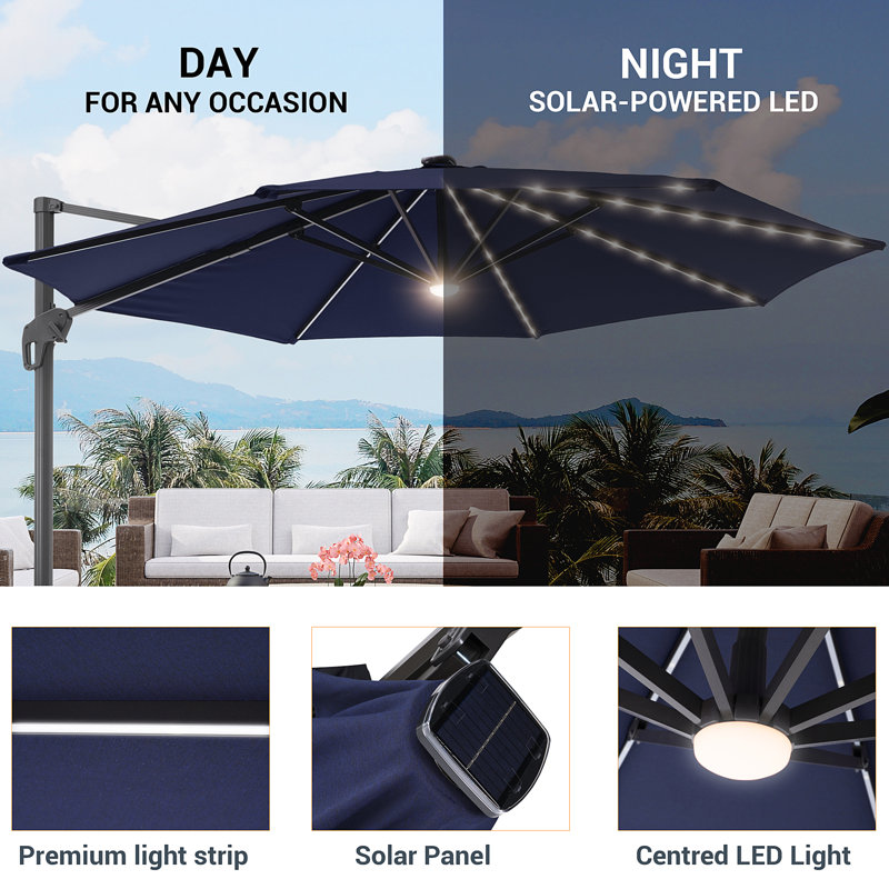 Parasol de patio en porte-à-faux octogonal à éclairage décalé à DEL de 11 pi Deaijah avec contrepoids inclus, parasol d'extérieur à suspendre avec manivelle, protection contre les rayons UV toutes saisons pour terrasse de jardin