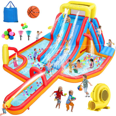 17.81' X 13.75' Inflatable Slide With Water Slide And Air Blower, 840D+420D Oxford Fabric, Long Slide/Splash Pool/620W Blower/10 Accessories, Suitable