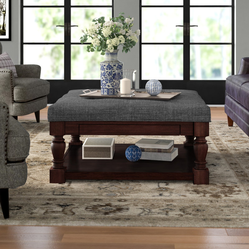 Arthuro Upholstered Ottoman, Pewter Gray Linen, Natural