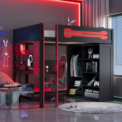 Full-Size Wood Loft Bed with Desk, Open Wardrobe & RGB LED Lighting for Gaming & Study, Red