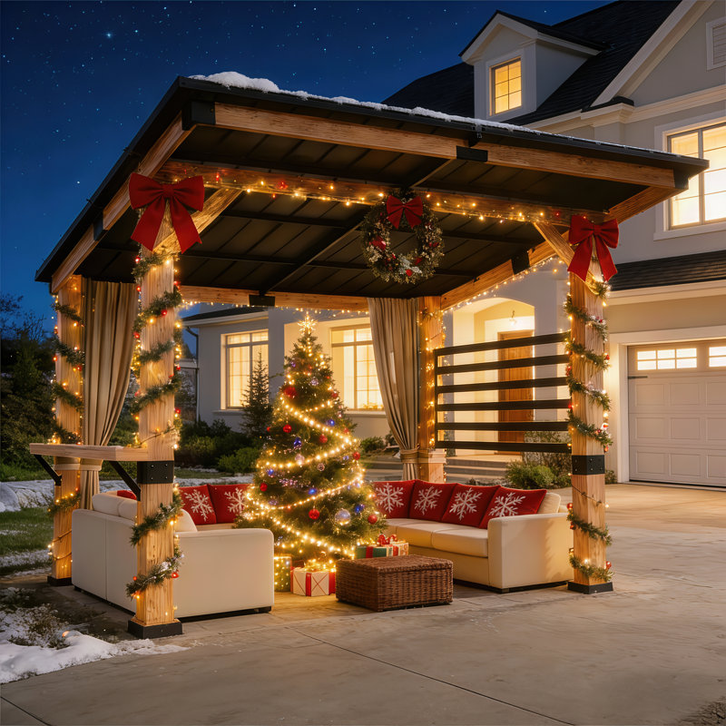 Pavillon de jardin en bois renforcé 11 pi x 10 pi avec rideaux d'intimité et Bartop en bois massif