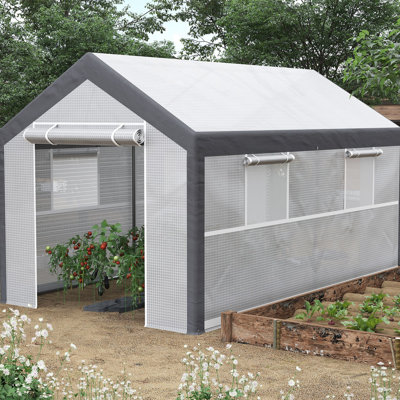 Serre de 12 pi x 7 pi. Maison de jardin extérieure blanche avec 4 fenêtres, 2 portes à fermeture à glissière et housse de protection contre les intempéries. , Entrées de plantes de construction protégées, construction stable