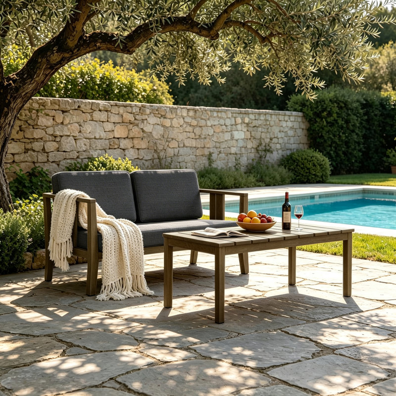 Ensemble de patio d'extérieur pour deux personnes en teck avec coussins et table basse Junco, Gris foncé, Brun