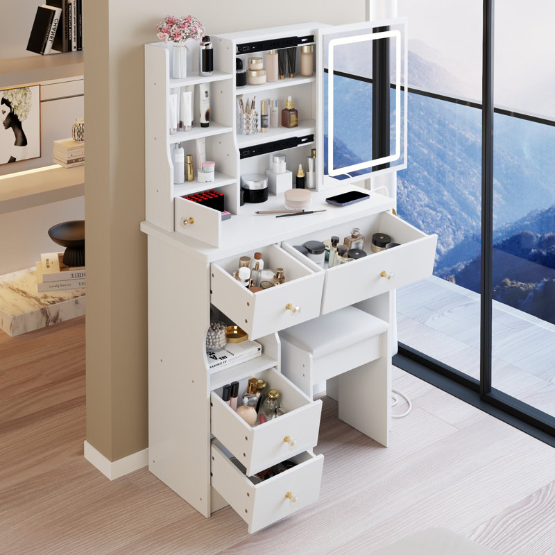 29.2" Small Size Left Drawer Desktop Vanity Table + Cushioned Stool, 2 AC+2 USB Power Station, Hair Dryer Bracket, Extra Large Touch Control Sliding LED Mirror, Tri-Color Switching, Brightness Adjust