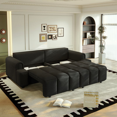 90.2" Comfy 4-Seater Modern Teddy Fabric Couch With Seats Storage, King Size 3-In-1 Convertible Sleeper Sofa Bed For Living Room,Office,Apartment,Black