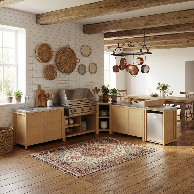 Îlot de cuisine d'extérieur en cèdre avec évier et plateau en acier inoxydable - 100% bois massif, résistant aux intempéries, aménagement personnalisable