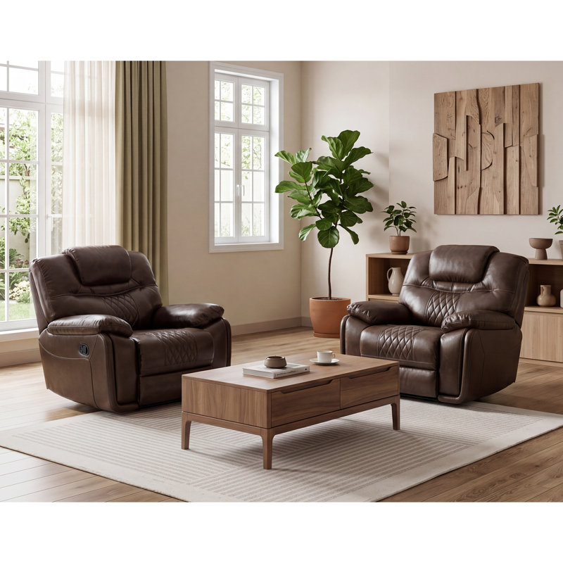40.9'' Top-Grain Genuine Leather Manual Recliner, Traditional Reclining Chair (Set Of 2)