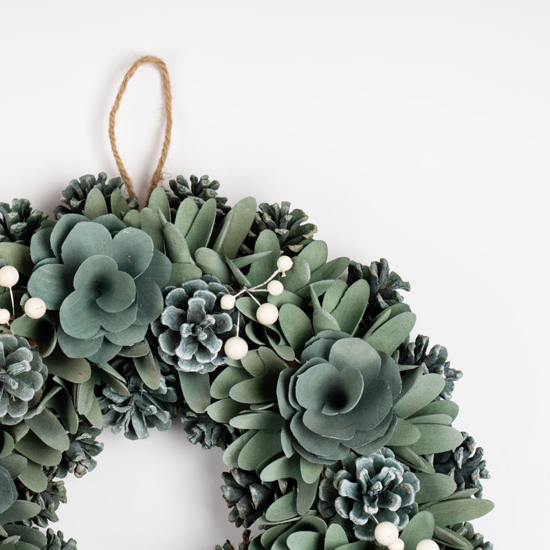 38cm Green Wood Shave Wreath with cones