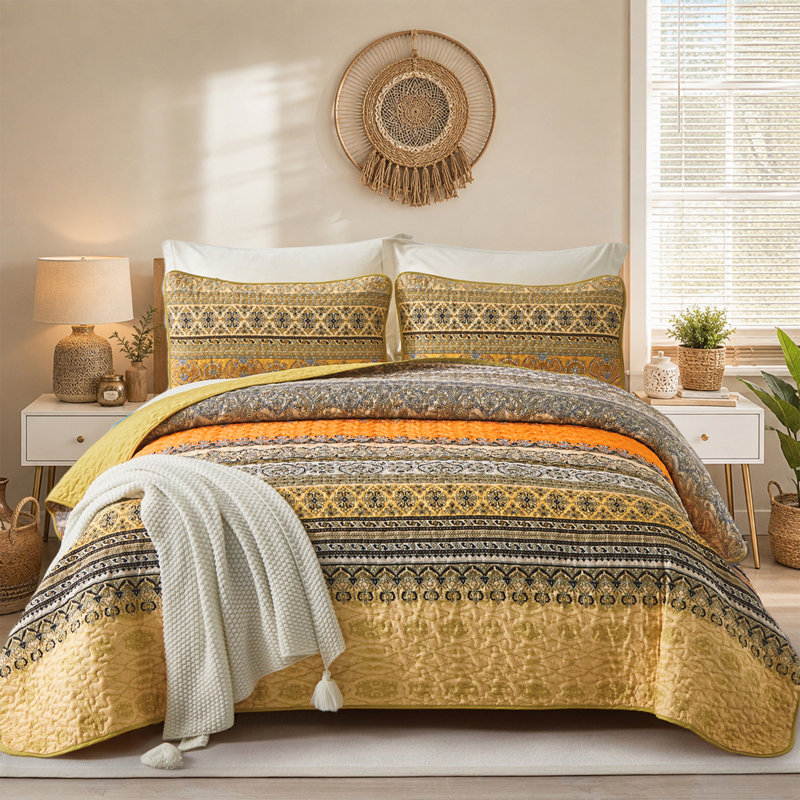 Ensemble de 3 courtepointe Boho Bohemian, Courtepointe pour lit grand + deux taies décorati, Jaune/orange