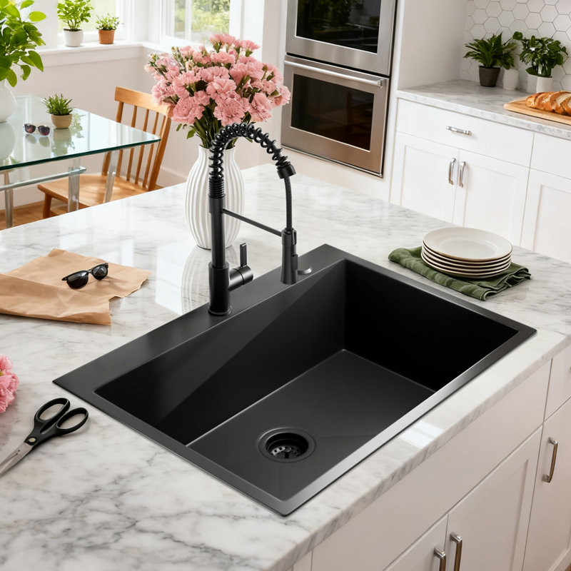 30 Inch Drop-In Single Bowl Kitchen Sink, Black
