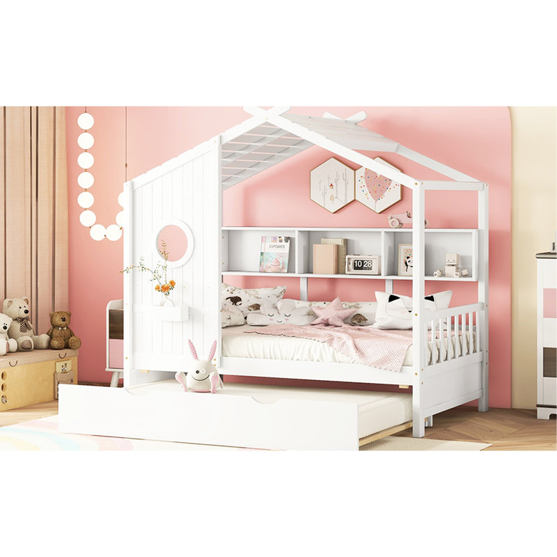 Lit blanc simple en bois avec lit gigogne, Blanc