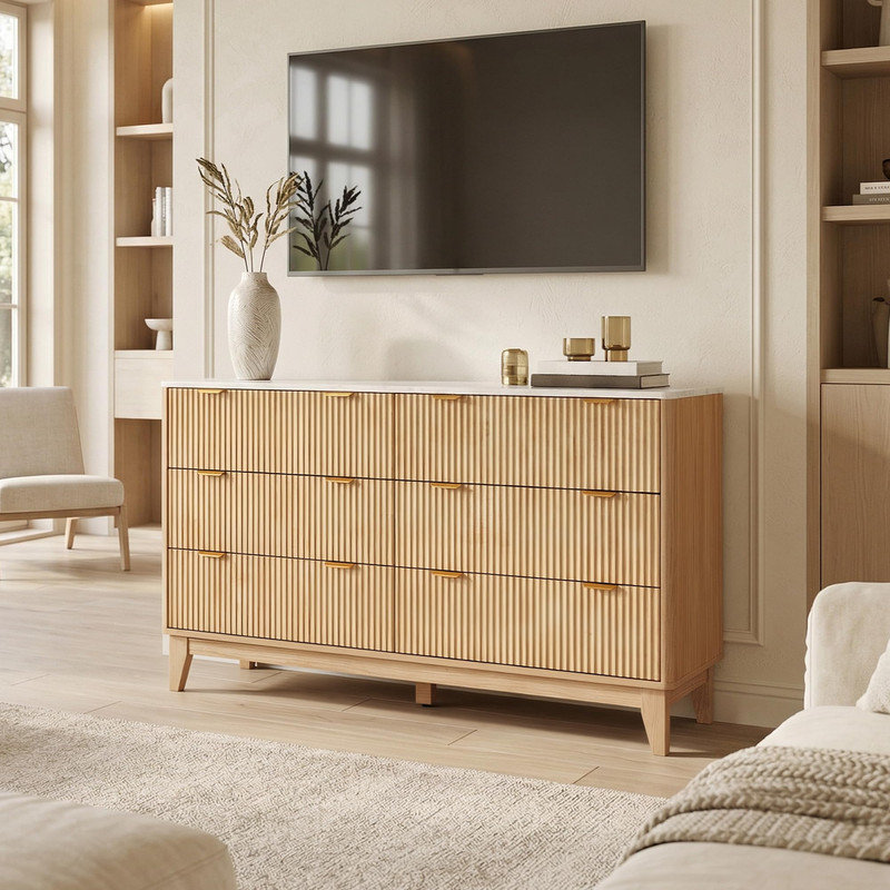 Commode 6 tiroirs Modern - Commode haute en bois avec façade incurvée et poignées dorées