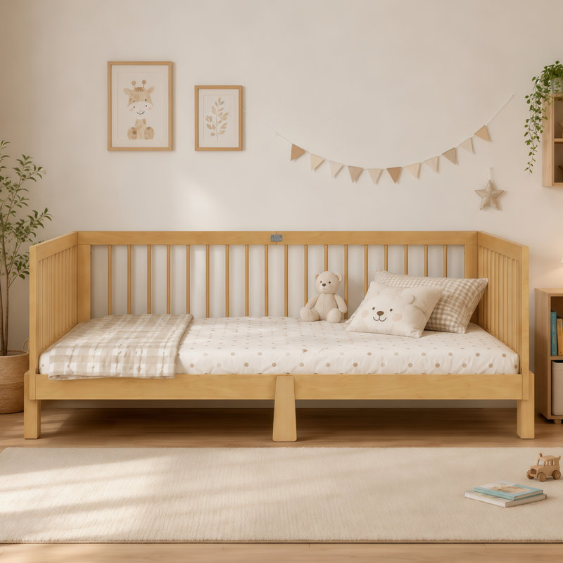 Lit de sol Montessori convertible Briar en bois massif avec barrières de sécurité et fonction lit de jour, Lit double