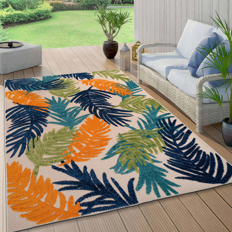 Tapis intérieur / extérieur à motif floral bleu / vert / orange Hernandez, Rectangle 5 pi x 7 pi