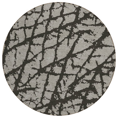 8' Round Gray and Black Round Abstract Washable Non Skid Indoor Outdoor Area Rug