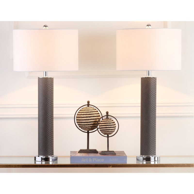 Gray Faux Snakeskin Table Lamp Set with White Shades