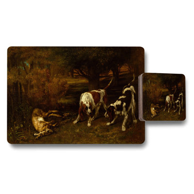 Dog Painting Placemat And Coaster Set With Rustic Forest Scene