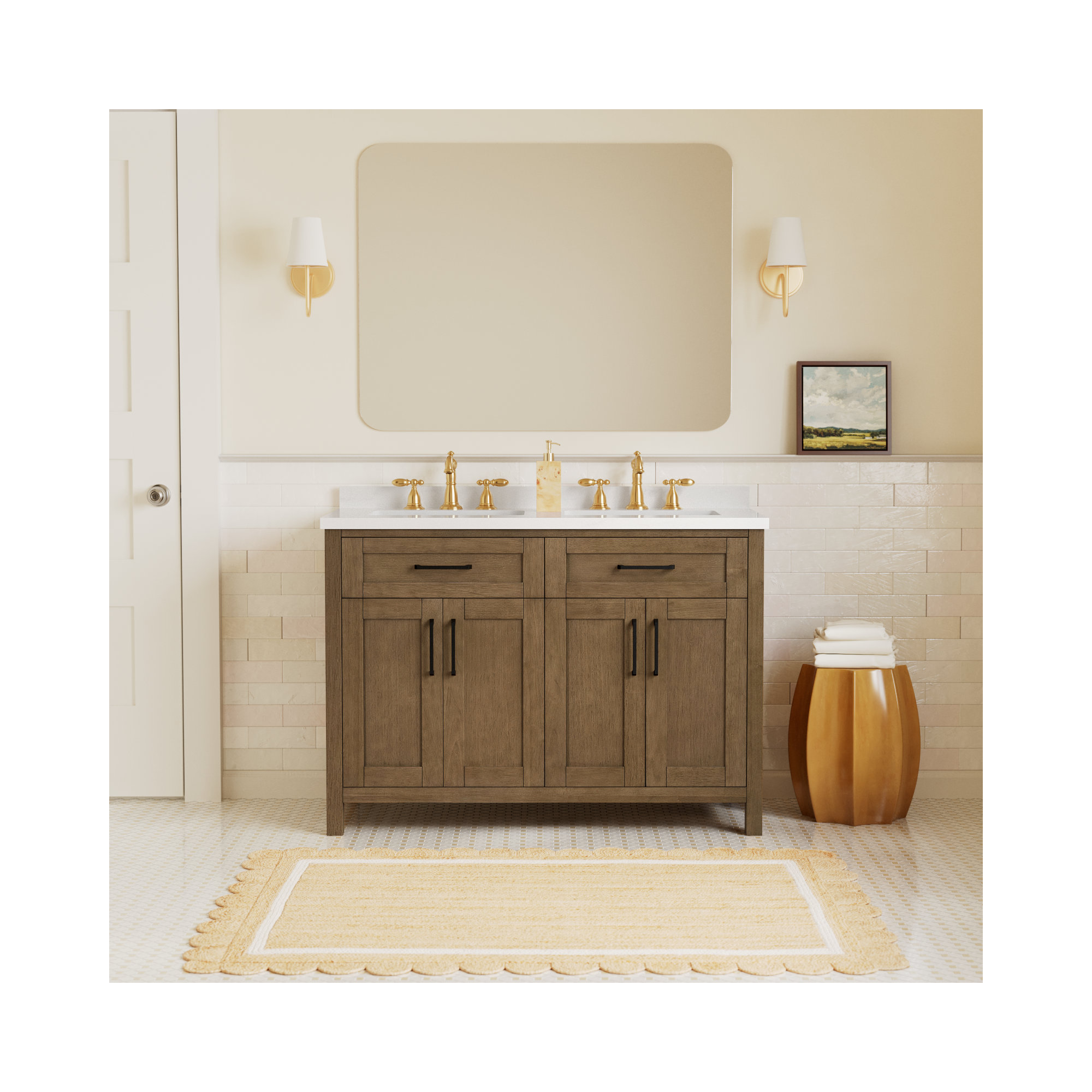 Tahoe 48 In. Double Sink Bathroom Vanity In Brushed Almond Latte, Yves, Matte Black, Almond Latte Brushed