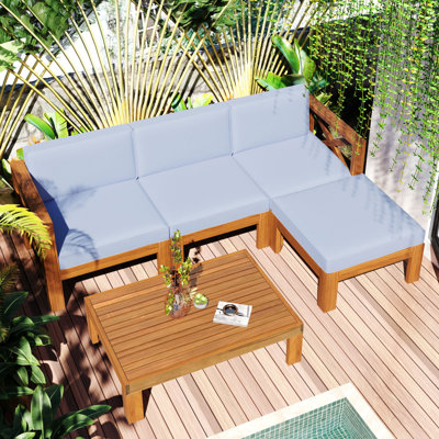 TOPMAX Outdoor Backyard Patio Wood 5-Piece Sectional Sofa Seating Group Set With Cushions, Natural Finish+ Grey Cushions