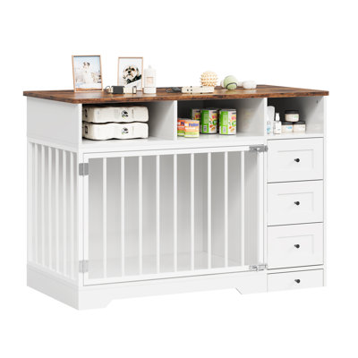 48" Large Dog Crate Furniture with Pull-Out Bowl and 6 Storage Drawers, Farmhouse Wooden Dog Kennel End Table