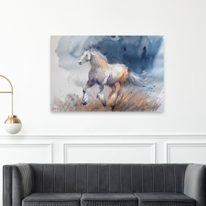 «Energetic Horse», impression d'art mural bleu contemporain, 40" H x 60" W