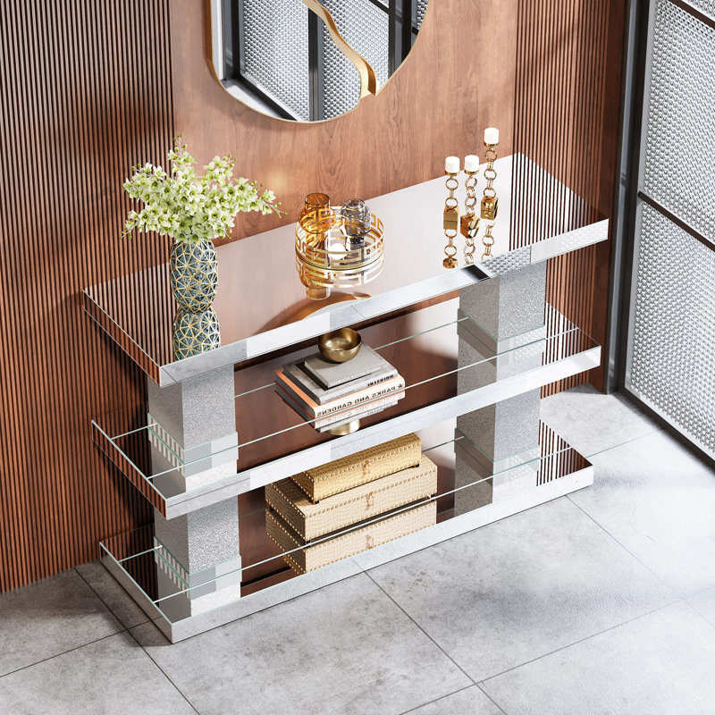 46" Mirrored Console Table 3-Tier Storage Shelf, Silver
